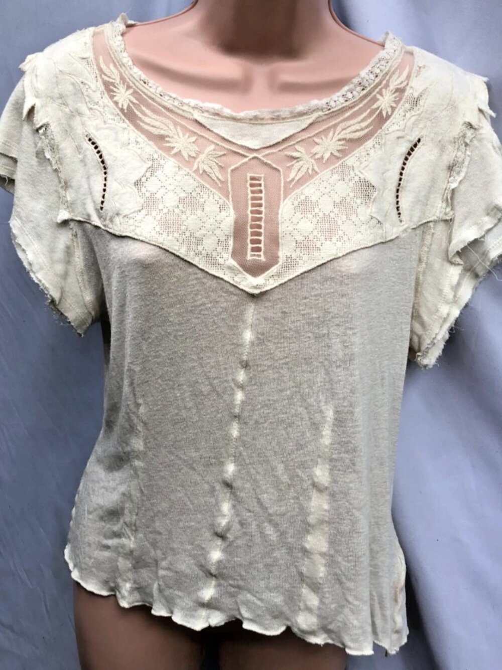 Ivory Free People Distressed Cotton Top Lace And Ruffles Soft Size M - Picture 2 of 14